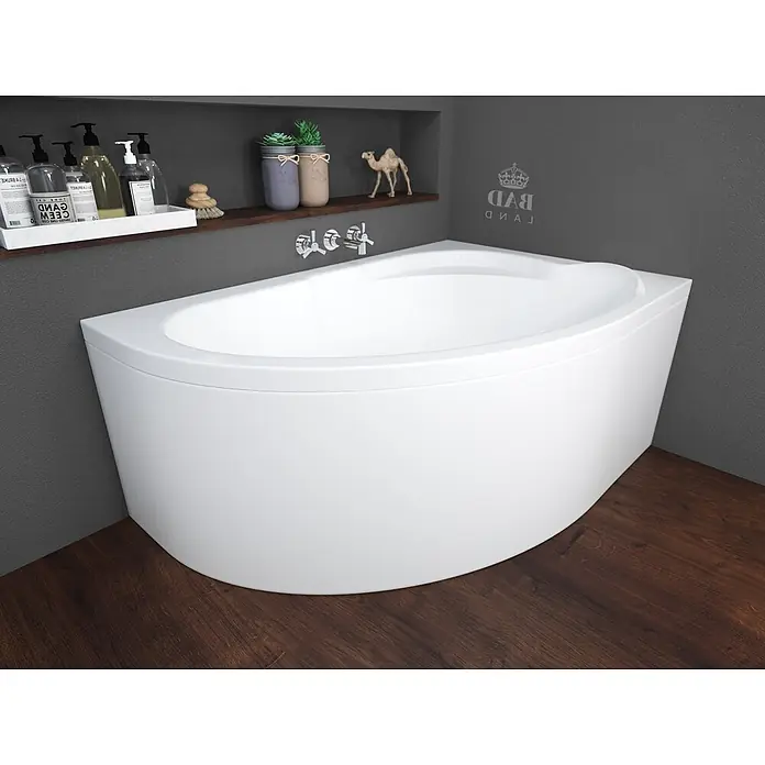 Bad Land Eckbadewanne STANDARD Acryl-Eckwanne 130 x 85 cm rechts Weiß - Sanitäracryl, Weiß - Weißer D-förmiger Badewanne in einem modernen Badezimmer.