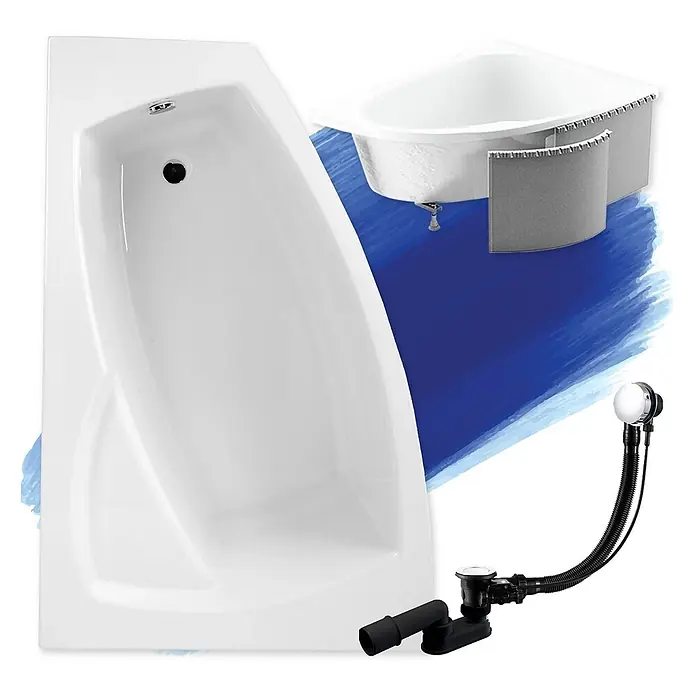 Bad Land Eckbadewanne - L x B: 160 x 105 cm, Sanitäracryl, Weiß - Weiße asymmetrische Badewanne, gezeigt mit einer Eckbadewanne und einem Ab- und Überlaufset.