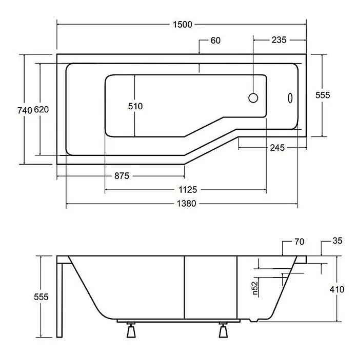 Bad Land Eckbadewanne INTEGRA Acryl-Eckwanne 150 x 75 cm links Weiß - Sanitäracryl, Weiß - Technische Zeichnung einer L-förmigen Badewanne mit Draufsicht, Seitenansicht und detaillierten Maßen.