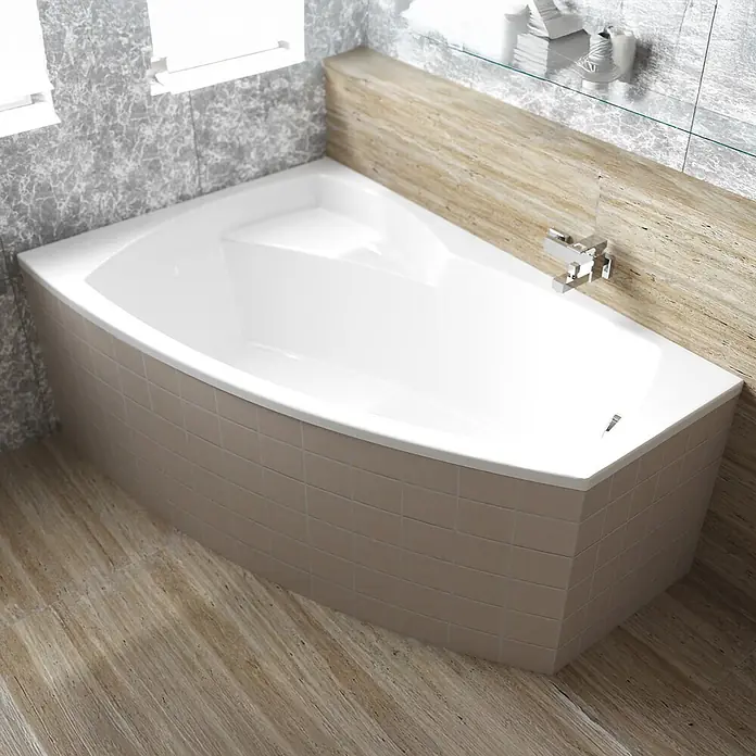 Bad Land Eckbadewanne - L x B: 140 x 90 cm, Sanitäracryl, Weiß - Weißer Eckbadewanne mit einer gefliesten Seitenverkleidung, in einem modernen Badezimmer installiert.