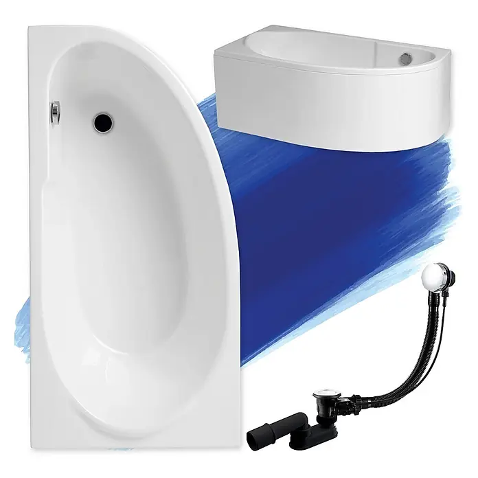 Bad Land Eckbadewanne - L x B: 145 x 85 cm, Sanitäracryl, Weiß - Weiße asymmetrische Eckbadewanne, Verkleidung und Abflusssystem.