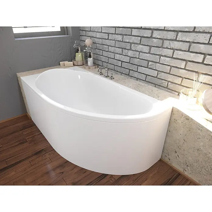 Bad Land Eckbadewanne MIKI Acryl-Eckwanne 145 x 85 cm links Weiß - Sanitäracryl, Weiß - Weiße, geschwungene Badewanne, in eine helle Arbeitsplatte integriert, in einem modernen Badezimmer.