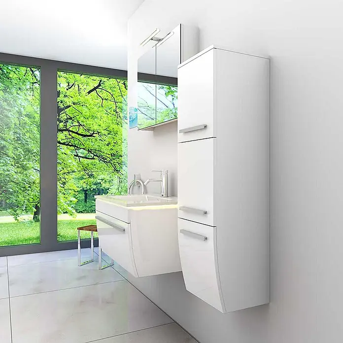 AcquaVapore Badmöbel-Set Fertigdusche Gently-3-B070-V2-R-F01-LED -  - Moderne, weiße, glänzende Badmöbelgarnitur mit integriertem Waschbecken, Spiegelschrank und Hochschrank.