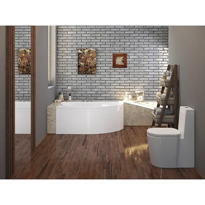 Bad Land Eckbadewanne MIKI Acryl-Eckwanne 140 x 70 cm links Weiß - Sanitäracryl, Weiß - Weiße geschwungene Badewanne und Toilette in einem modernen Badezimmer mit Holzboden und Ziegelwand.