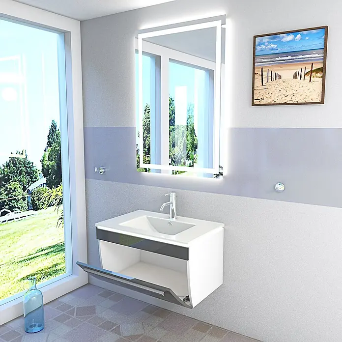 AcquaVapore Badmöbel-Set Fertigdusche Gently-3-B070-V1-F01-LSP0310070N - Gesamtbreite Badmöbel: 46 cm - Weiß-dunkelgrauer Badunterschrank mit Waschbecken und offener Ablage, wandmontiert in einem modernen Bad.