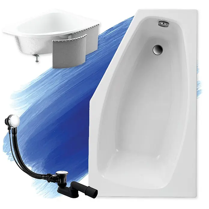 Bad Land Eckbadewanne - L x B: 140 x 80 cm, Sanitäracryl, Weiß - Weiße Eckbadewanne, asymmetrische Badewanne und schwarzes/chrom Badablauf- und Überlaufset.