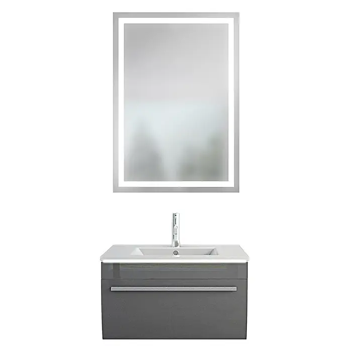AcquaVapore Badmöbel-Set Fertigdusche Gently-3-B070-V1-F01-LSP0310070N - Gesamtbreite Badmöbel: 46 cm - Grauer Badunterschrank mit weißem integriertem Waschbecken, Chromarmatur und großem beleuchtetem Spiegel darüber.