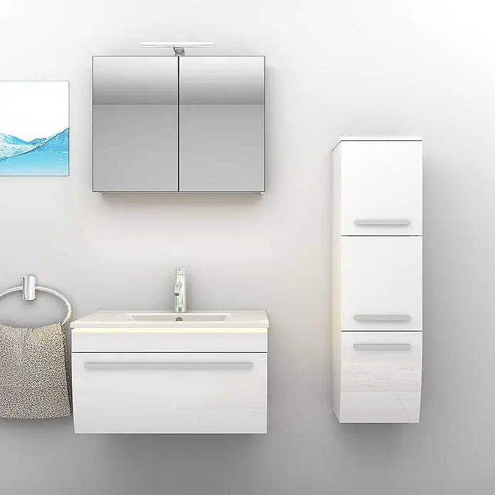 AcquaVapore Badmöbel-Set Fertigdusche Gently-3-B070-V2-R-F01-LED -  - Moderner weißer Badezimmerschrank mit integriertem Waschbecken, Spiegelschrank und hohem Hochschrank.