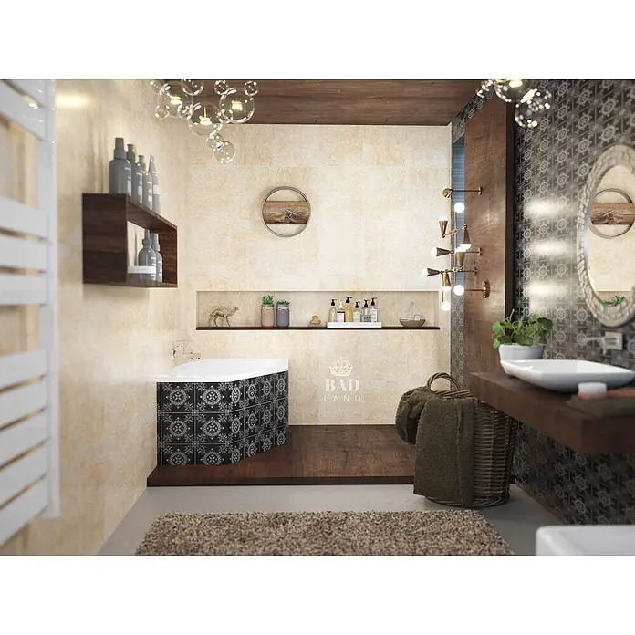 Bad Land Eckbadewanne MARIKA Acryl-Eckwanne 140 x 80 cm rechts Weiß - L x B: 140 x 80 cm, Sanitäracryl, Weiß - Modernes Badezimmer mit Eckbadewanne, gemusterten schwarzen Fliesen, Holzboden und warmen Wandfliesen.