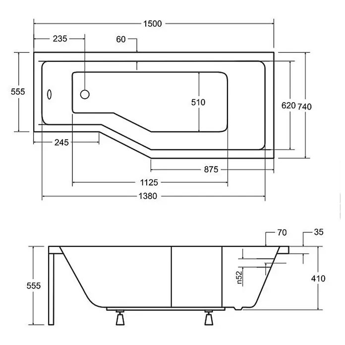 Bad Land Eckbadewanne INTEGRA Acryl-Eckwanne 150 x 75 cm rechts Weiß - L x B: 150 x 75 cm, Sanitäracryl, Weiß - Technische Zeichnung einer weißen Badewanne mit Maßen, Draufsicht und Seitenansicht.