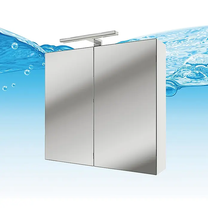 AcquaVapore Badmöbel-Set Fertigdusche Gently-1-B060-V1-F0102 -  - Spiegelbadschrank mit integrierter LED-Leuchte, vor blauem Wasserhintergrund.