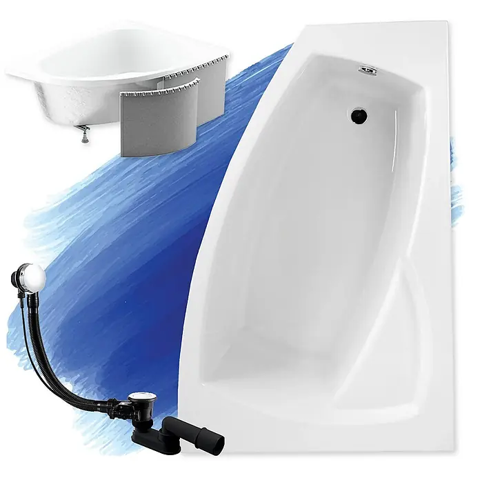 Bad Land Eckbadewanne - L x B: 160 x 105 cm, Sanitäracryl, Weiß - Zwei weiße Badewannen, eine Eck- und eine asymmetrische Wanne, mit schwarzer und verchromter Ablauf-/Überlaufgarnitur.