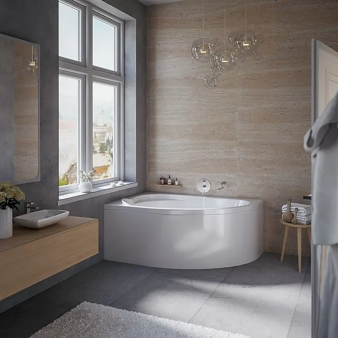 Bad Land Eckbadewanne STANDARD Acryl-Eckwanne 130 x 85 cm links Weiß, inkl. Acrylschürze - Sanitäracryl, Weiß - Eine elegante weiße Eckbadewanne in einem modernen Badezimmer, bereit zum Entspannen.