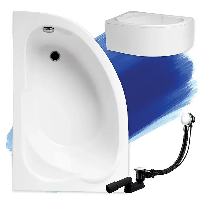 Bad Land Eckbadewanne STANDARD Acryl-Eckwanne 130 x 85 cm links Weiß, inkl. Acrylschürze - Sanitäracryl, Weiß - Weiße asymmetrische Eckbadewanne mit Chromüberlauf, schwarzem Ablauf und kompletter Ablaufgarnitur. Ein kleineres weißes Eckwaschbecken ist ebenfalls zu sehen.