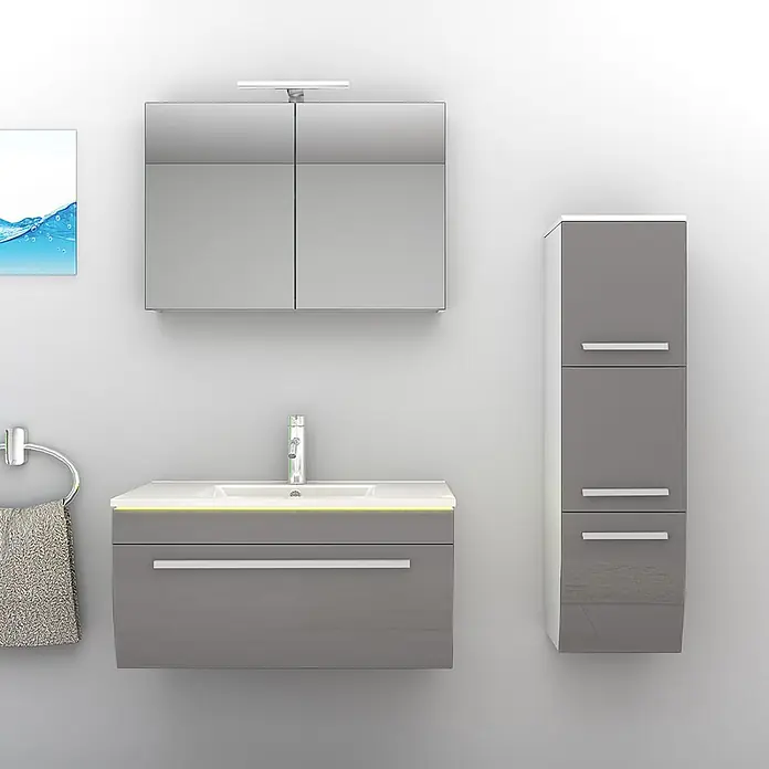 AcquaVapore Badmöbel-Set Fertigdusche Gently-3-B080-V2-R-F0102-LED -  - Glänzendes, graues wandmontiertes Badmöbel-Set mit Waschbecken, Spiegelschrank und passendem Hochschrank.