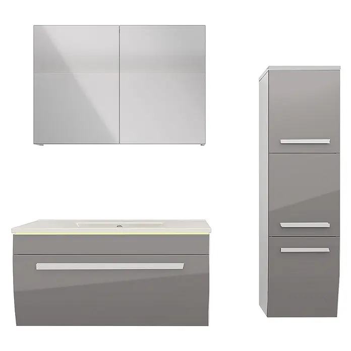 AcquaVapore Badmöbel-Set Fertigdusche Gently-3-B080-V2-R-F0102-LED -  - Glänzendes graues Badmöbel-Set mit Wandschrank, Waschtisch mit Waschbecken und Hochschrank. Silberne Griffe sind am Waschtisch und Hochschrank.