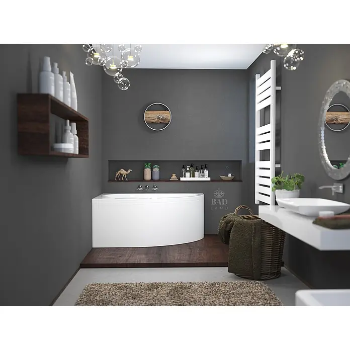 Bad Land Eckbadewanne STANDARD Acryl-Eckwanne 130 x 85 cm links Weiß, inkl. Acrylschürze - Sanitäracryl, Weiß - Modernes Bad mit weißer Wanne, dunkelgrauen Wänden und Holzregalen. Funktionelles Design zur Entspannung.
