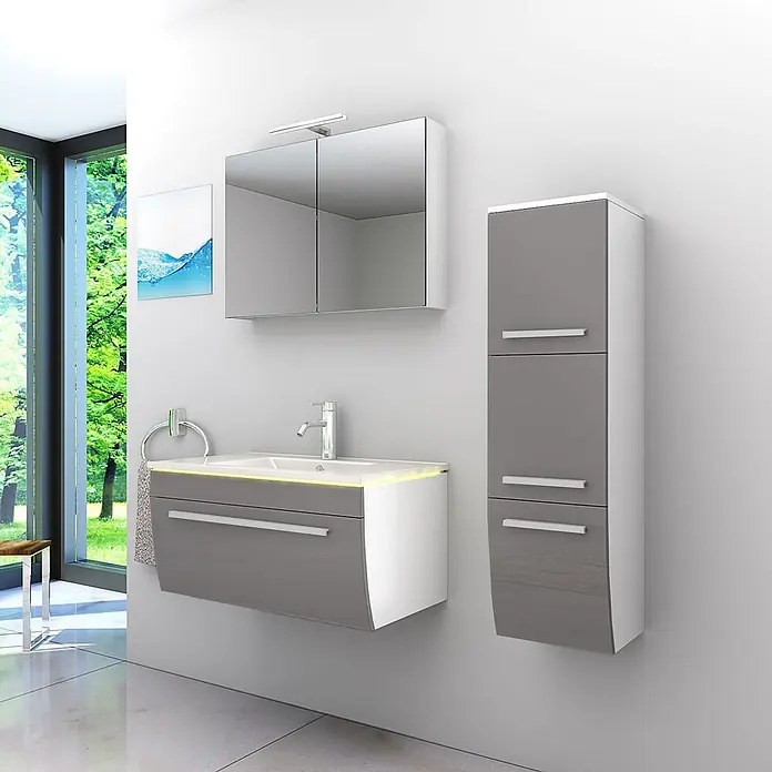 AcquaVapore Badmöbel-Set Fertigdusche Gently-3-B080-V2-R-F0102-LED -  - Modernes grau-weißes Badmöbel-Set mit Hängewaschbecken, Spiegelschrank und hohem Hochschrank.