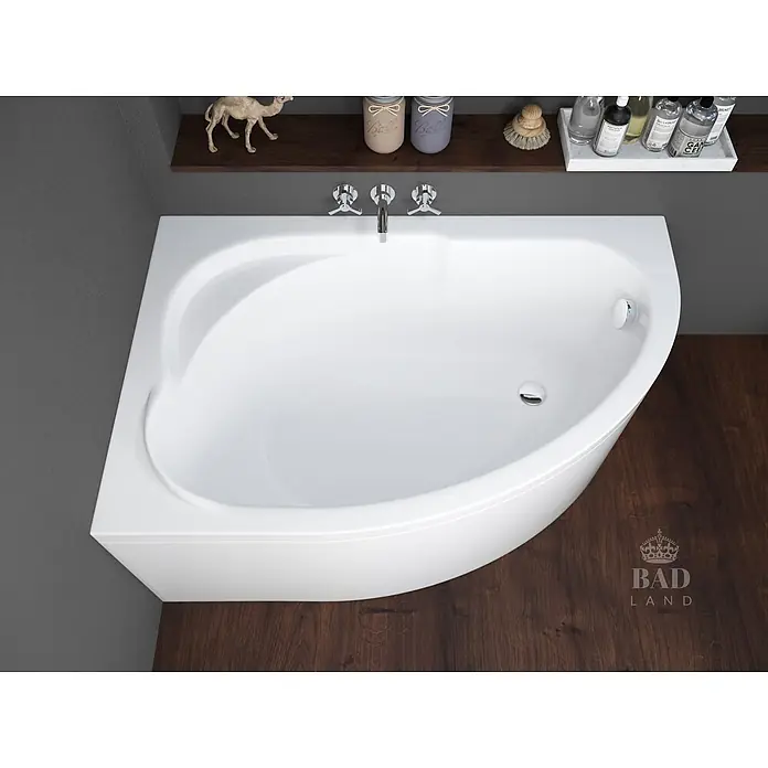 Bad Land Eckbadewanne STANDARD Acryl-Eckwanne 130 x 85 cm links Weiß, inkl. Acrylschürze - Sanitäracryl, Weiß - Weiße Eckbadewanne mit Chromarmatur, Abfluss und Überlauf.
