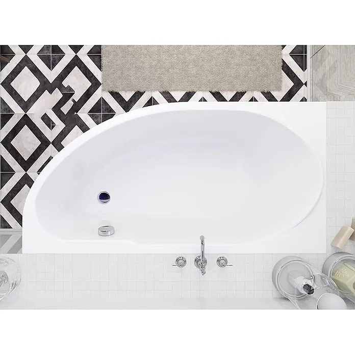 Bad Land Eckbadewanne - L x B: 140 x 70 cm, Sanitäracryl, Weiß - Weiße ovale Badewanne mit modernen Chromarmaturen und Abfluss.