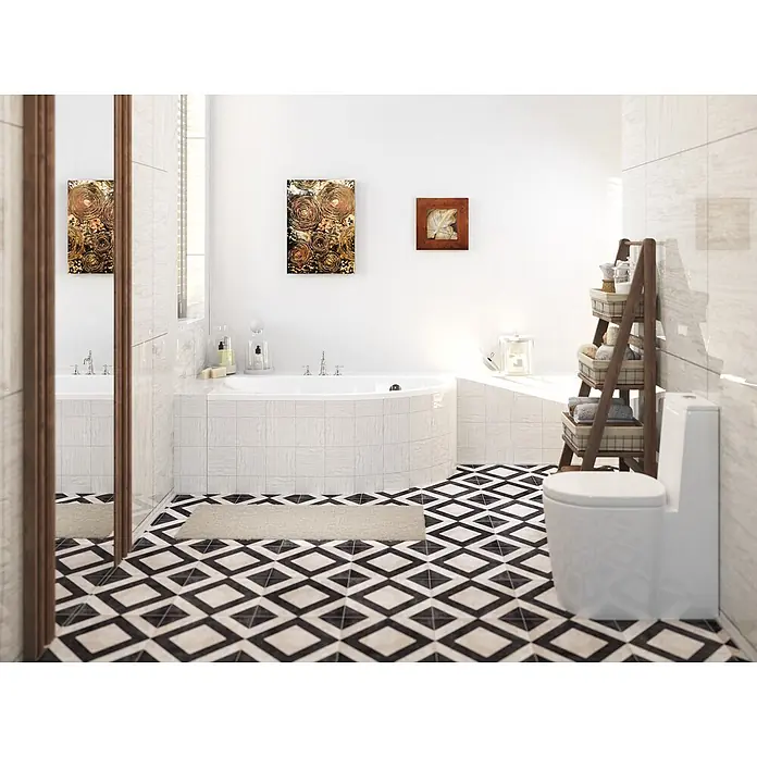 Bad Land Eckbadewanne - L x B: 140 x 70 cm, Sanitäracryl, Weiß - Schwarz-weiße geometrische Rautenmuster-Bodenfliesen, die ein stilvolles Design in einem modernen Badezimmer schaffen.