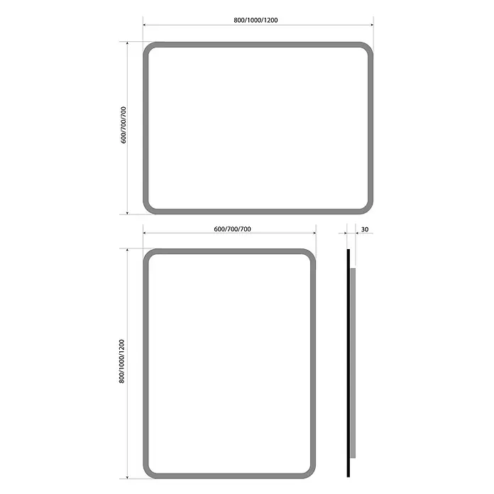 AcquaVapore Badmöbel-Set Fertigdusche Gently-3-B070-V1-F01-LSP0210070H - Gesamtbreite Badmöbel: 46 cm - Technische Zeichnung eines abgerundeten Rechteckpanels. Mehrere Ansichten zeigen anpassbare Breite/Höhe und 30mm Dicke.