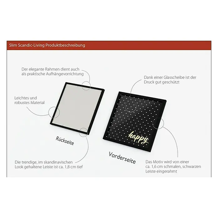 ProArt Bild - Happy, B x H: 33 x 33 cm - Produktbeschreibung eines eleganten Rahmens im skandinavischen Stil, mit Aufhängevorrichtung, Glasabdeckung und der Aufschrift "Happy".