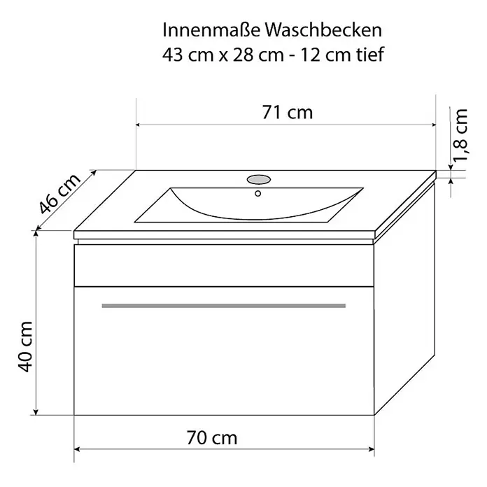 AcquaVapore Badmöbel-Set Fertigdusche Gently-3-B070-V1-F01-LSP0210070H - Gesamtbreite Badmöbel: 46 cm - Weißer Badunterschrank mit integriertem Waschbecken, 70 cm breit, 46 cm tief, 40 cm hoch. Becken 43x28x12 cm.