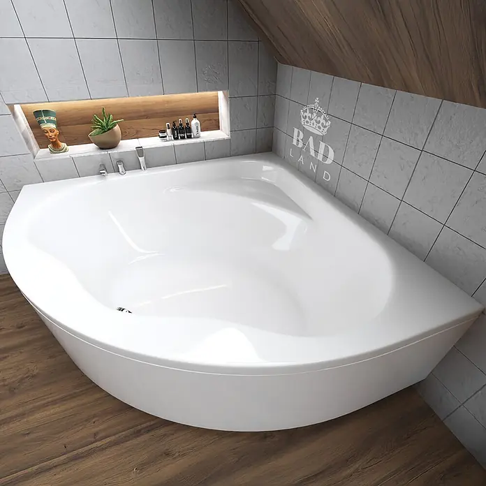 Bad Land Eckbadewanne STANDARD Acryl-Eckwanne 150 x 150 cm Weiß, inkl. Acrylschürze - Sanitäracryl, Weiß - Weiße, ergonomische D-förmige Eckbadewanne in einem modernen Badezimmer.