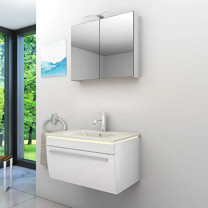AcquaVapore Badmöbel-Set Fertigdusche Gently-3-B070-V1-F01 - Gesamtbreite Badmöbel: 46 cm - Weißer moderner Badezimmerschrank mit integriertem Waschbecken, Armatur und passendem Spiegelschrank.