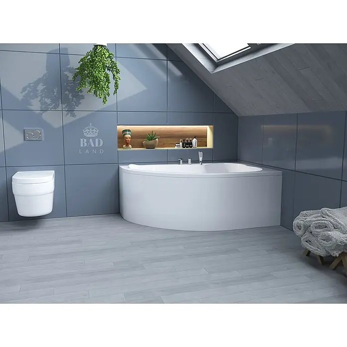 Bad Land Eckbadewanne MEGA Acryl-Eckwanne 160 x 105 cm rechts Weiß, inkl. Acrylschürze - Sanitäracryl, Weiß - Weiße Eckbadewanne in einem modernen graublauen Badezimmer.