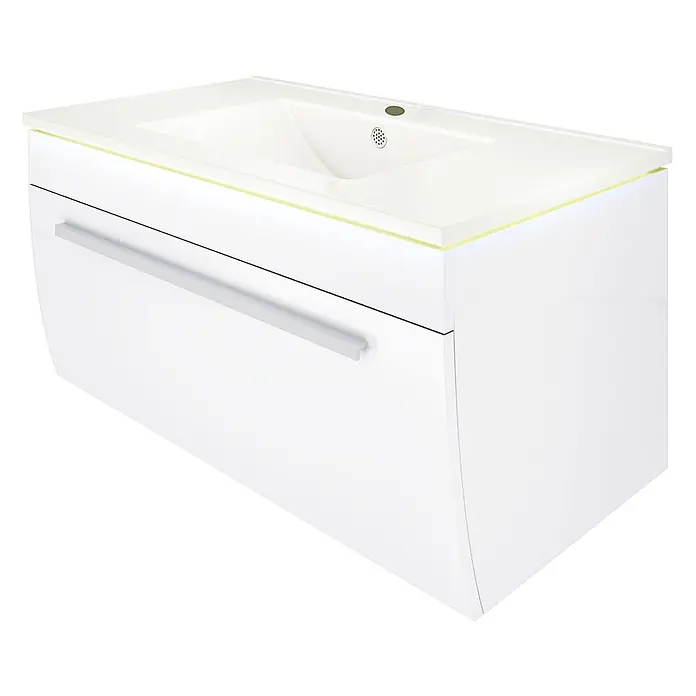 AcquaVapore Badmöbel-Set Fertigdusche Gently-3-B070-V1-F01 - Gesamtbreite Badmöbel: 46 cm - Weißer, glänzender Badunterschrank mit integriertem Keramikwaschbecken und Schubladengriff.