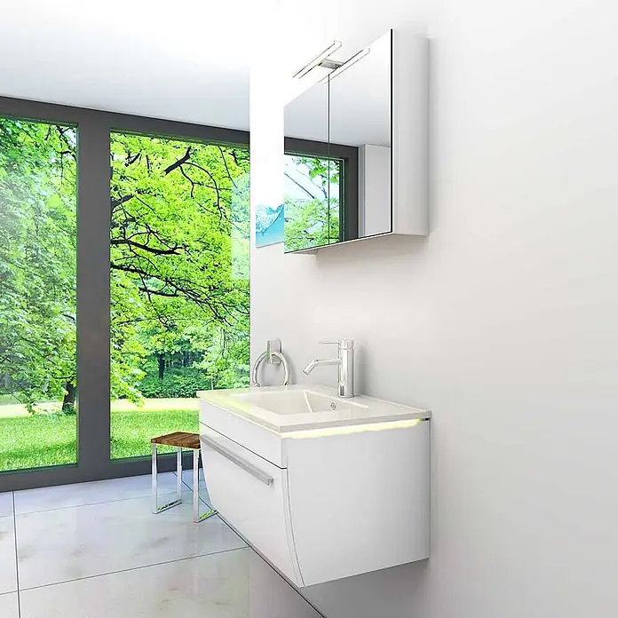 AcquaVapore Badmöbel-Set Fertigdusche Gently-3-B070-V1-F01 - Gesamtbreite Badmöbel: 46 cm - Weißer wandmontierter Badschrank mit integriertem Waschbecken und beleuchtetem Spiegelschrank in modernem Bad.