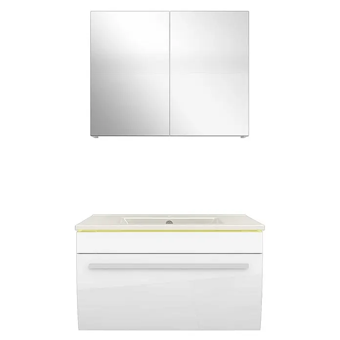 AcquaVapore Badmöbel-Set Fertigdusche Gently-3-B070-V1-F01 - Gesamtbreite Badmöbel: 46 cm - Weißes Hochglanz-Badmöbel-Set mit Spiegelschrank und Waschtischunterschrank mit integrierter gelber LED-Beleuchtung.