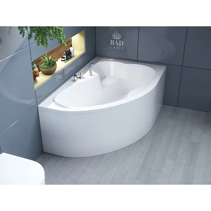 Bad Land Eckbadewanne MEGA Acryl-Eckwanne 160 x 105 cm rechts Weiß, inkl. Acrylschürze - Sanitäracryl, Weiß - Weiße Eckbadewanne mit integrierten Armaturen in einem modernen Badezimmer.