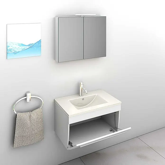 AcquaVapore Badmöbel-Set Fertigdusche Gently-3-B070-V1-F01 - Gesamtbreite Badmöbel: 46 cm - Weiße, wandmontierte Badmöbel mit offenem Unterschrank, integriertem Waschbecken, Chromarmatur, Spiegelschrank mit Licht und Handtuchring.