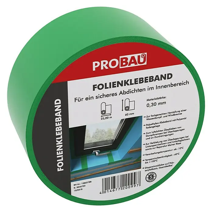 Probau Universal-Klebeband - 25 m x 6 cm - Abbildung einer Rolle ProBau-Folienklebeband, das für sicheres Abdichten im Innenbereich geeignet ist, mit einer Materialstärke von 0,30 mm.