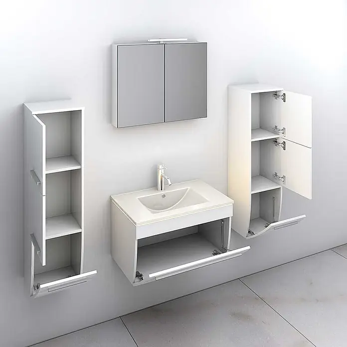 AcquaVapore Badmöbel-Set Fertigdusche Gently-3-B070-V3-F01-LED - Gesamtbreite Badmöbel: 46 cm - Weißes modulares Badmöbelset: wandmontierter Waschtischunterschrank, Spiegelschrank und zwei Hochschränke mit offenen Türen.