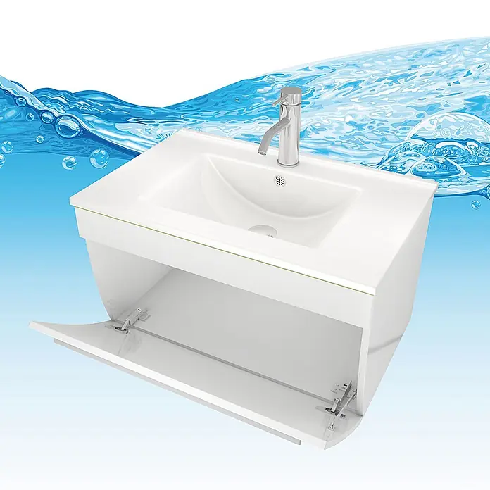 AcquaVapore Badmöbel-Set Fertigdusche Gently-3-B070-V3-F01-LED-EBox - Gesamtbreite Badmöbel: 46 cm - Weißer wandmontierter Waschtischunterschrank mit integriertem Waschbecken, Chromarmatur und offener Tür, vor blauem Wasserhintergrund.