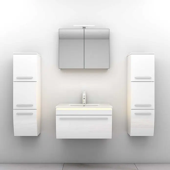 AcquaVapore Badmöbel-Set Fertigdusche Gently-3-B070-V3-F01-LED - Gesamtbreite Badmöbel: 46 cm - Weißes, hochglänzendes Badmöbel-Set zur Wandmontage mit Waschtisch, Spiegelschrank und zwei Hochschränken.