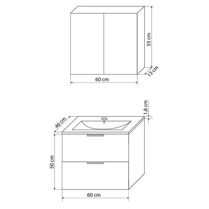 AcquaVapore Badmöbel-Set Fertigdusche Gently-2-B060-V1-F0102 -  - Technische Zeichnung eines Badmöbel-Sets: ein Wandschrank und ein Waschtischunterschrank mit integriertem Waschbecken.