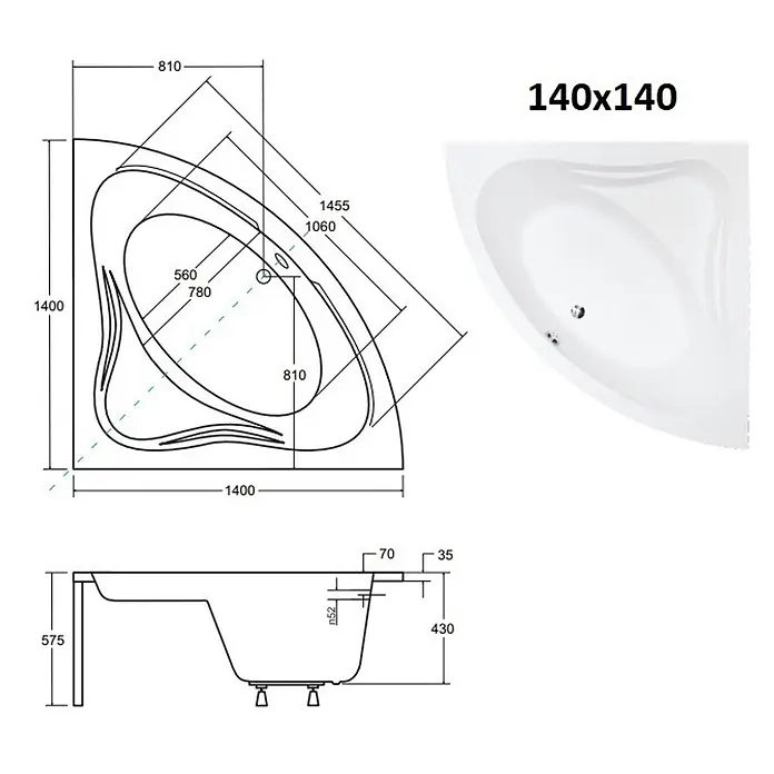 Bad Land Eckbadewanne MIA Acryl-Eckwanne 140 x 140 cm Weiß - Sanitäracryl, Weiß - Weiße 140x140 cm Eckbadewanne mit technischen Zeichnungen, die Maße und Innenmerkmale zeigen.