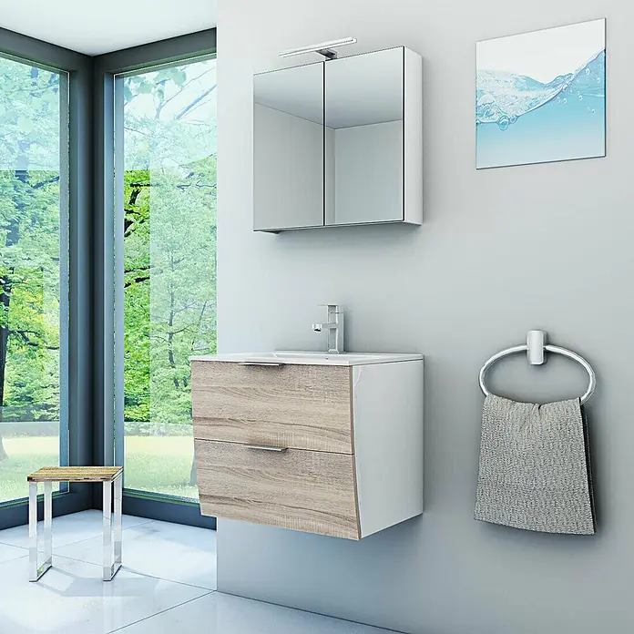 AcquaVapore Badmöbel-Set Fertigdusche Gently-2-B060-V1-F0109-LED-EBox -  - Moderne wandmontierte Badmöbel mit hellen Holzschubladen, weißem Waschbecken und Spiegelschrank mit Beleuchtung.