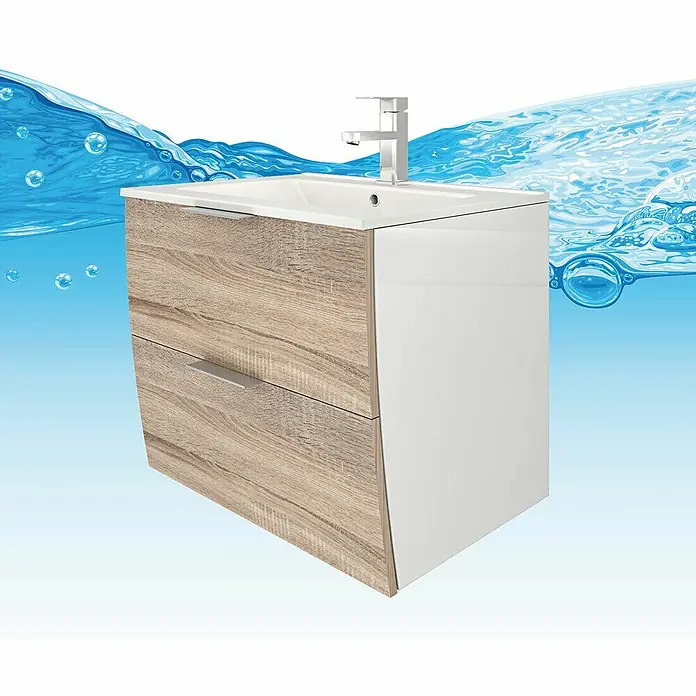 AcquaVapore Badmöbel-Set Fertigdusche Gently-2-B060-V1-F0109-LED-EBox -  - Moderner Waschtischunterschrank mit hellen Holzschubladen, weißen Seitenwänden, integriertem weißen Waschbecken und Chromarmatur.