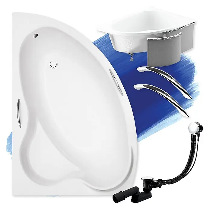 Bad Land Eckbadewanne - L x B: 160 x 100 cm, Sanitäracryl, Weiß - Weißes Eckbadewannen-Set mit Chromgriffen, inklusive Abfluss, Überlauf und Schürze.