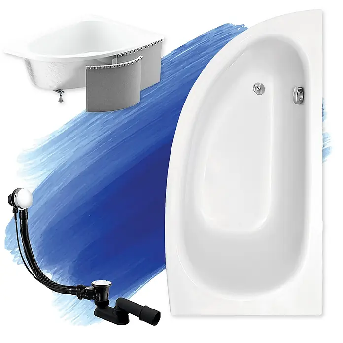 Bad Land Eckbadewanne - L x B: 150 x 70 cm, Sanitäracryl, Weiß - Weiße Eck- und asymmetrische Badewannen mit grauen Paneelen und schwarzem Ab-/Überlaufset.