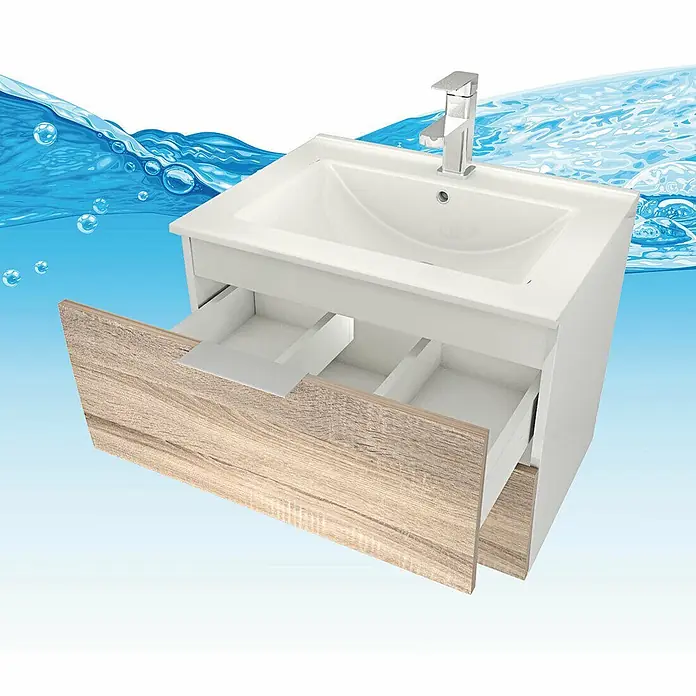 AcquaVapore Badmöbel-Set Fertigdusche Gently-2-B060-V1-F0109-LED-EBox -  - Weißer Badunterschrank mit Keramikwaschbecken, Chromarmatur und Holzdekor-Schubladenfront, eine Schublade offen mit Trennfächern.