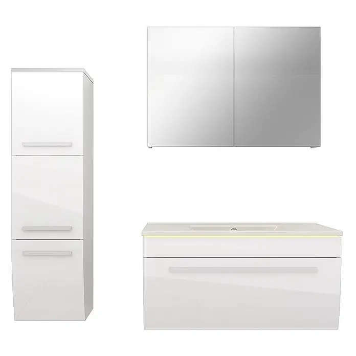 AcquaVapore Badmöbel-Set Fertigdusche Gently-3-B080-V2-L-F01 -  - Weißes Hochglanz Badmöbel-Set mit Hochschrank, Waschtischunterschrank und Spiegelschrank.