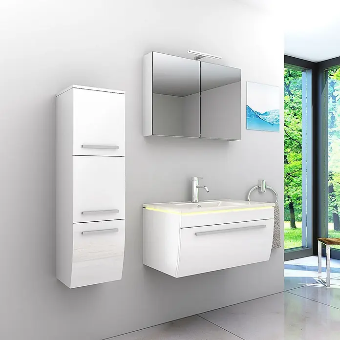 AcquaVapore Badmöbel-Set Fertigdusche Gently-3-B080-V2-L-F01 -  - Modernes weißes Hochglanz-Badmöbelset: Waschtisch mit LED, Spiegelschrank mit Licht und Hochschrank.