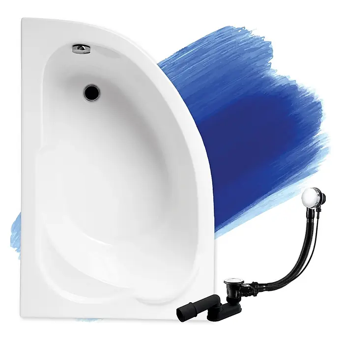 Bad Land Eckbadewanne STANDARD Acryl-Eckwanne 130 x 85 cm links Weiß - Sanitäracryl, Weiß - Weiße asymmetrische Badewanne mit Chrom-Überlauf und schwarzer Ab- und Überlaufgarnitur.